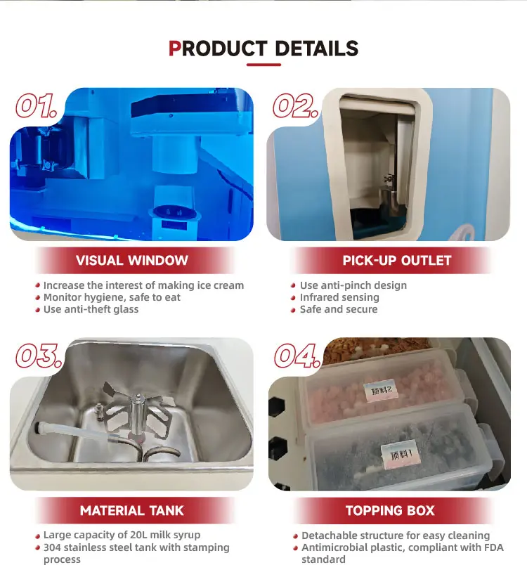 Interior view of the ice cream machine showing the hygienic stainless steel hopper and ingredient system