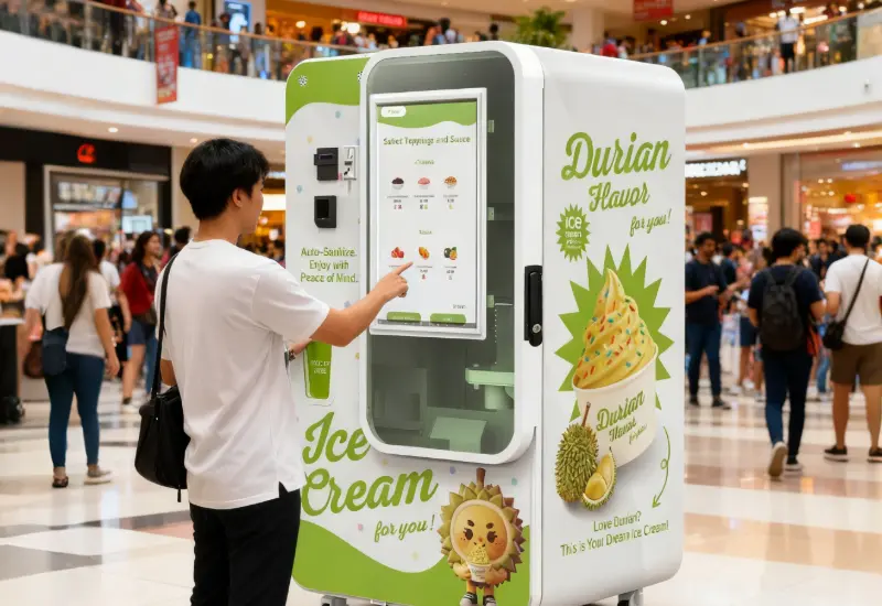 Smart ice cream vending machine in commercial setting, showcasing automated serving and user-friendly touchscreen for seamless ordering