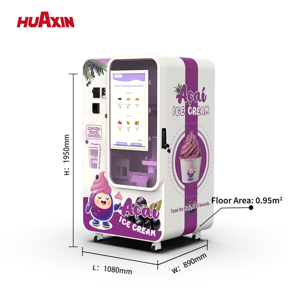 The commercial ice cream vending machine is an intelligent unattended retail solution designed for high-traffic environments such as shopping malls, tourist attractions, airports, and campuses. Equipped with a powerful compressor refrigeration system and a 32-inch interactive touchscreen, the machine can automatically produce fresh soft-serve ice cream in just 15 seconds. With a production capacity of up to 160–180 cups per refill and support for multiple payment options including coins, banknotes, credit cards, and QR payments, it enables seamless customer transactions and continuous 24/7 operation. The compact footprint of only 0.91㎡ makes it easy to install in premium locations. Combined with remote monitoring, automatic cleaning, and intelligent operating systems, this smart ice cream vending machine provides a scalable, high-margin business model with fast ROI and minimal operational effort.