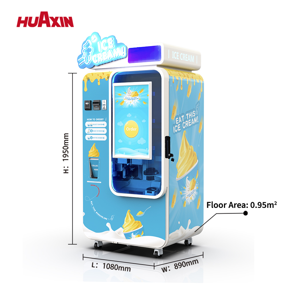 The smart ice cream vending machine is a fully automated soft serve solution designed for modern unattended retail. Featuring a powerful compressor refrigeration system and intelligent control platform, it produces fresh ice cream in just 15 seconds. The machine supports multiple payment options including coins, banknotes, credit cards, and QR payments, allowing seamless customer transactions. With a 32-inch interactive touchscreen and transparent production window, it creates an engaging purchasing experience that drives impulse sales. The machine can produce up to 160–180 cups per refill and requires only 0.91㎡ of floor space, making it ideal for malls, airports, tourist attractions, and campuses. Combined with remote monitoring, automatic cleaning, and low energy consumption, this ice cream vending machine offers a scalable, high-margin business opportunity with fast ROI and minimal operational effort.