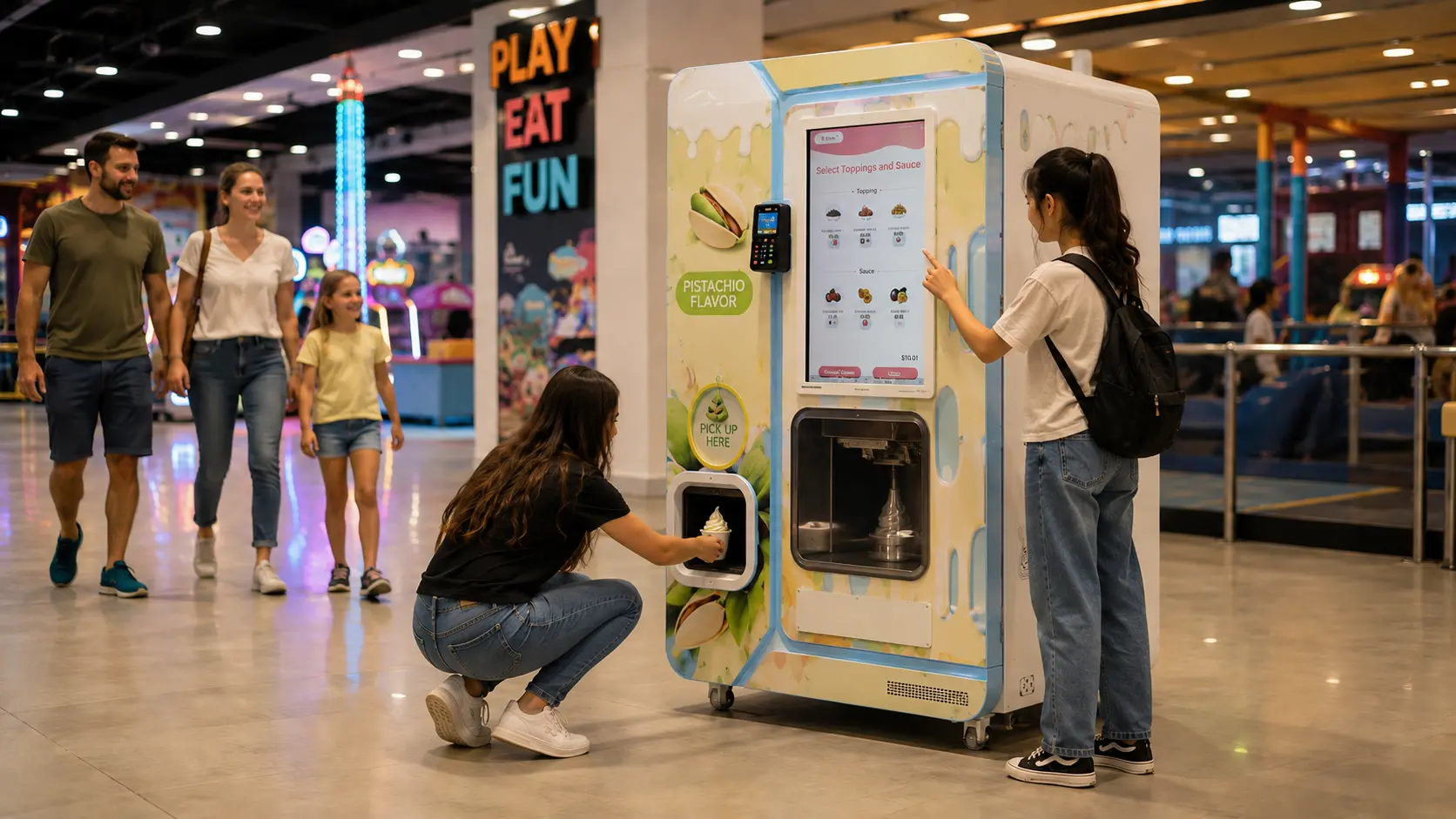 Customers using an automatic ice cream vending machine in a busy commercial location