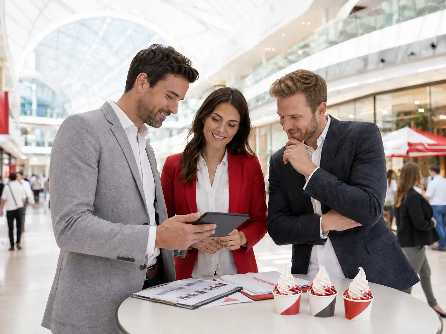 Self-service ice cream vending operator discussing a project