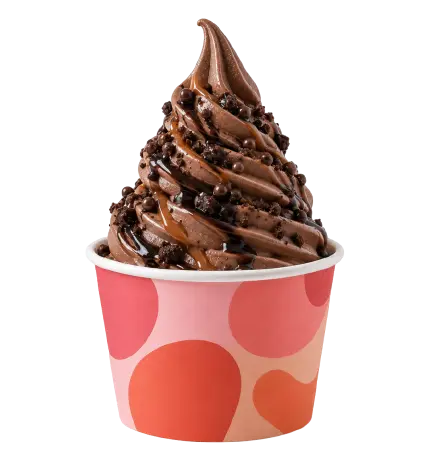 Chocolate soft serve ice cream with chocolate sauce and toppings
