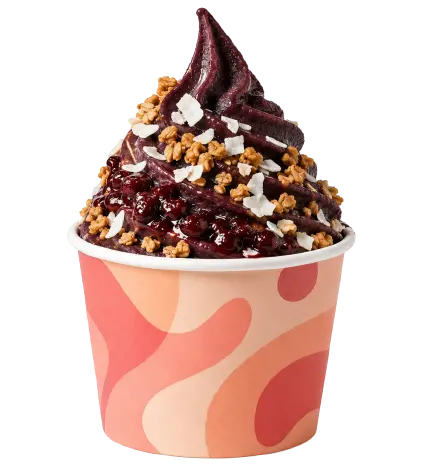Açaí style dessert with granola, coconut flakes, and berry sauce