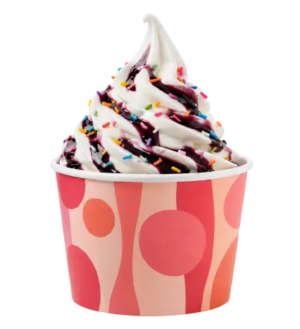 Frozen yogurt with chocolate sauce and colorful sprinkles