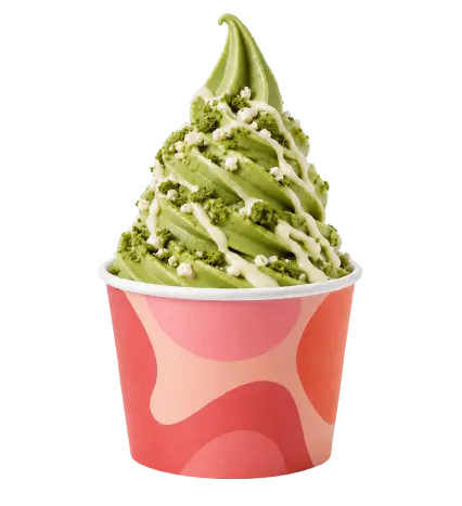 Pistachio soft serve ice cream with white chocolate sauce