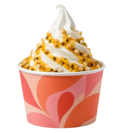 Frozen yogurt with passion fruit sauce and crispy toppings