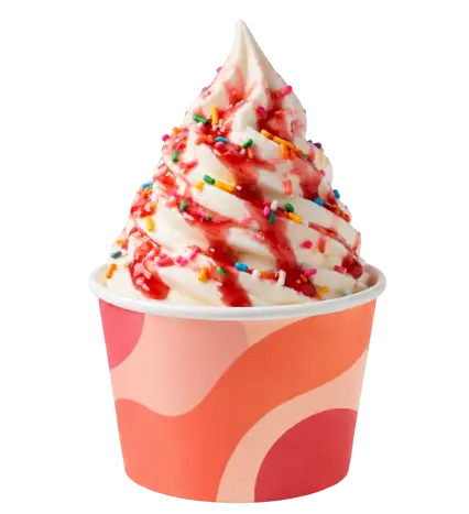 Frozen yogurt with strawberry sauce and colorful sprinkles